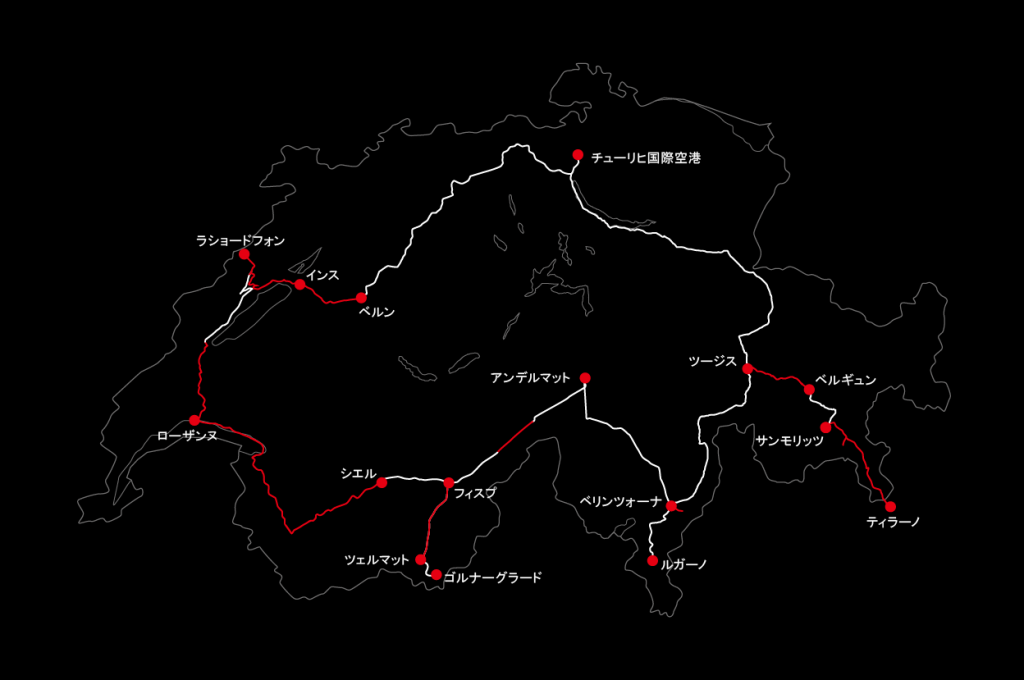 赤いラインが自転車　白いラインが鉄道　細い白いラインがスイス国境